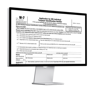 The free fillable W-7 form on a computer